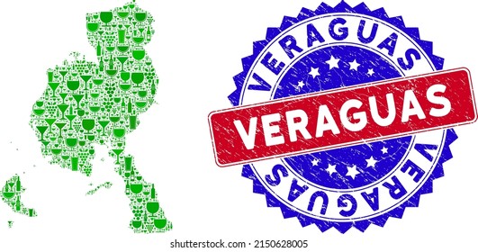 Vector collage of wine Veraguas Province map and grunge bicolor Veraguas seal stamp. Red and blue bicolored stamp with unclean texture and Veraguas text.