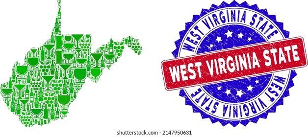 Vector collage of wine West Virginia State map with grunge bicolor West Virginia State seal stamp. Red and blue bicolored stamp with rubber surface and West Virginia State caption.