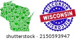 Vector collage of wine Wisconsin State map and grunge bicolor Wisconsin seal. Red and blue bicolored seal with grunge texture and Wisconsin text.