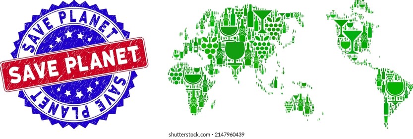 Vector collage of wine worldwide map and grunge bicolor Save Planet seal stamp. Red and blue bicolored stamp with corroded surface and Save Planet caption.