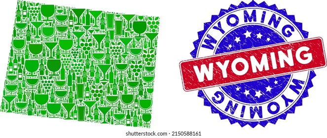 Vector collage of wine Wyoming State map and grunge bicolor Wyoming stamp. Red and blue bicolored seal with grunge surface and Wyoming slogan. Wyoming State map collage designed with wine glasses,