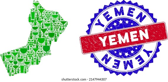 Vector collage of wine Yemen map and grunge bicolor Yemen seal stamp. Red and blue bicolored seal with distress texture and Yemen slogan. Yemen map collage is formed with wine cups,
