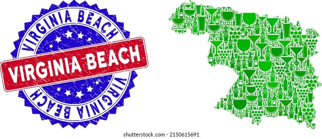 Vector collage of wine Zamora Province map and grunge bicolor Virginia Beach seal stamp. Red and blue bicolored seal with distress surface and Virginia Beach phrase.