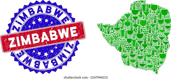 Vector collage of wine Zimbabwe map with grunge bicolor Zimbabwe seal stamp. Red and blue bicolored seal with grunge texture and Zimbabwe word. Zimbabwe map collage formed with wine cups,