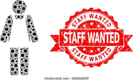 Vector collage worker person of corona virus, and Staff Wanted scratched ribbon stamp. Virus particles inside worker person collage. Red stamp seal has Staff Wanted caption inside ribbon.