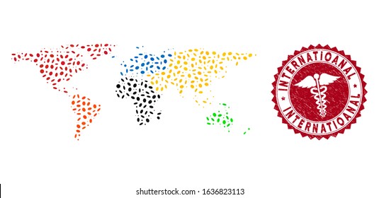 Vector collage world map and red round rubber stamp watermark with caduceus sign. World map collage formed with oval items. Red round caduceus watermark, with grunge texture.