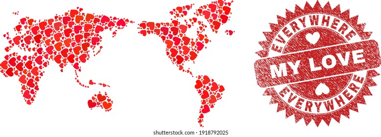 Vector collage world map of valentine heart elements and grunge My Love badge. Mosaic geographic world map designed with valentine hearts.
