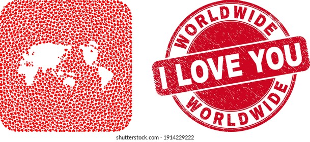 Vector collage worldwide map of love heart elements and grunge love badge. Collage geographic worldwide map designed as stencil from rounded square shape with valentine hearts.