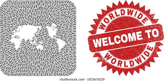 Vector collage worldwide map of pointer arrows and rubber Welcome seal. Collage geographic worldwide map created as carved shape from rounded square shape with navigation arrows.