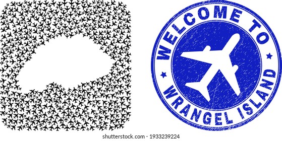 Vector collage Wrangel Island map of airline elements and grunge Welcome seal. Collage geographic Wrangel Island map designed as carved shape from rounded square shape using airlines.