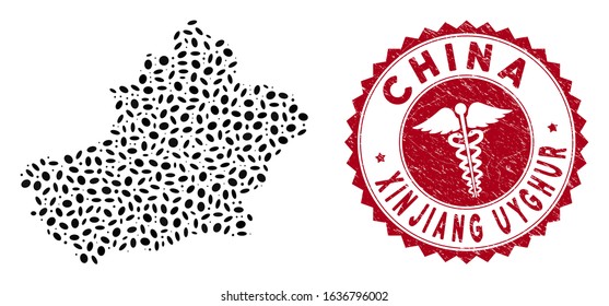 Vector collage Xinjiang Uyghur Region map and red round grunge stamp seal with healthcare sign. Xinjiang Uyghur Region map collage designed with ellipse spots. Red round health care seal stamp,