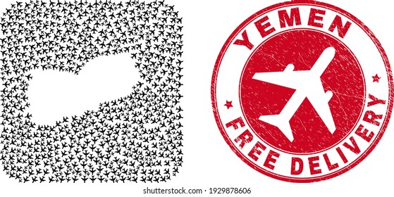 Vector collage Yemen map of air force elements and grunge Free Delivery seal. Collage geographic Yemen map constructed as carved shape from rounded square shape with flying out airplanes.