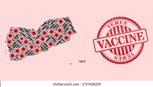 Vector collage Yemen map of corona virus, vaccine icons, and red grunge vaccination stamp. Virus cells and vaccine particles inside Yemen map.