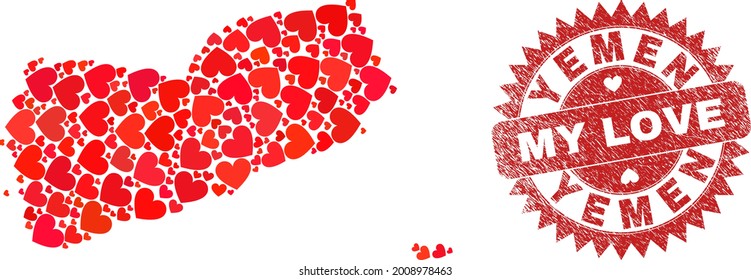Mapa de vectores de Yemen de ítems valentinos del corazón y estampado de My Love. Mapa de Yemen geográfico de collage construido con corazones de amor. Sello rosetón rojo con textura de goma gruesa y mi texto de amor.