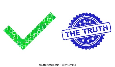 Vector collage yes tick, and The Truth corroded rosette seal imitation. Blue stamp seal includes The Truth caption inside rosette. Square parts are organized into abstract collage yes tick icon.