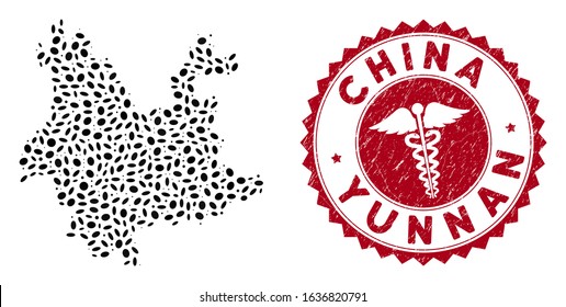 Vector collage Yunnan Province map and red rounded rubber stamp watermark with doctor icon. Yunnan Province map collage created with ellipse spots. Red rounded medic seal stamp,