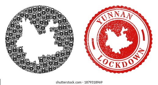Vector collage Yunnan Province map of locks and grunge LOCKDOWN seal stamp. Mosaic geographic Yunnan Province map designed as carved shape from round shape with black locks.
