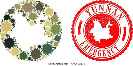 Vector collage Yunnan Province map of virus outbreak items and grunge EMERGENCY seal.
