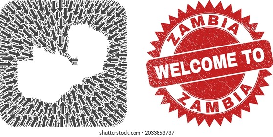 Vector collage Zambia map of immigration arrows and scratched Welcome seal. Collage geographic Zambia map created as hole from rounded square shape with pointing arrows.