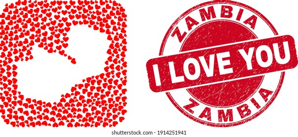 Vector collage Zambia map of love heart elements and grunge love seal. Collage geographic Zambia map created as carved shape from rounded square shape with lovely hearts.