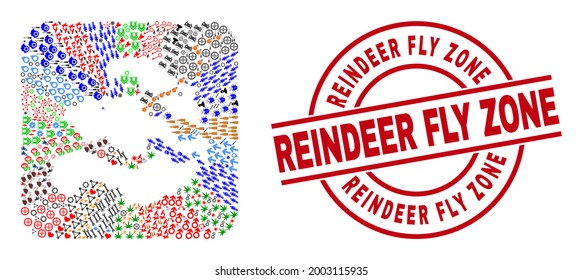Vector collage Zeeland Province map of different symbols and Reindeer Fly Zone seal. Collage Zeeland Province map constructed as stencil from rounded square.