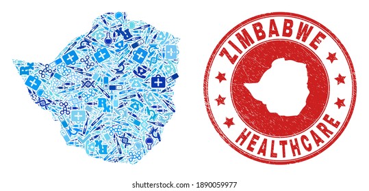 Vector collage Zimbabwe map with treatment icons, laboratory symbols, and grunge healthcare imprint. Red round watermark with grunge rubber texture and Zimbabwe map word and map.