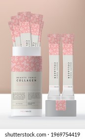 Vector Collagen Powder Beverage with Foil Bag or Packet Packaging and Cylinder Paper Rigid Box. Abstract Pattern. 