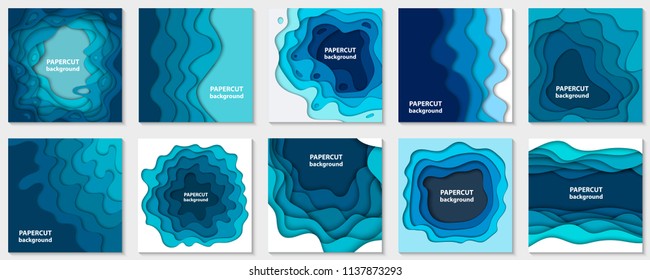 Vector collection of 10 backgrounds with blue paper cut shapes. 3D abstract paper art style, design layout for business presentations, flyers, posters, prints, decoration, cards, brochure cover.