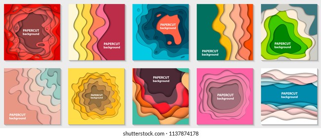 Vector collection of 10 backgrounds with colorful paper cut shapes. 3D abstract paper art style, design layout for business presentations, flyers, posters, prints, decoration, cards, brochure
