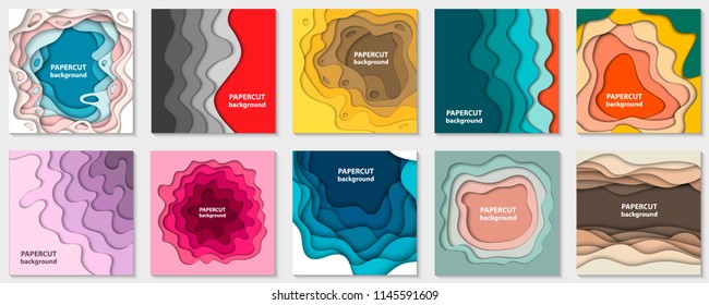 Vector collection of 10 backgrounds with colorful paper cut shapes. 3D abstract paper art style, design layout for business presentations, flyers, posters, prints, decoration, cards, brochure