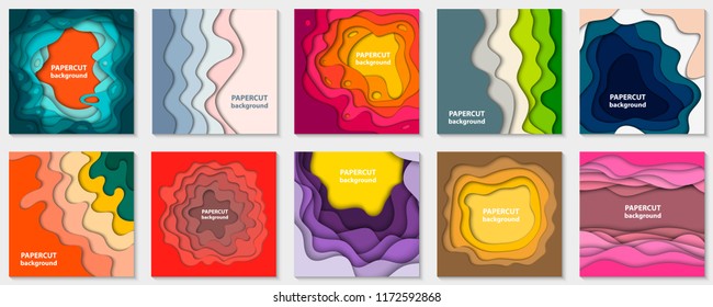 Colección vectorial de 10 fondos con formas de corte de papel coloridas. Estilo de arte de papel abstracto en 3D, diseño para presentaciones de negocios, volantes, carteles, impresiones, decoración, tarjetas, folleto