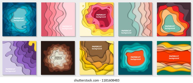 Vector collection of 10 backgrounds with colorful paper cut shapes. 3D abstract paper art style, design layout for business presentations, flyers, posters, prints, decoration, cards, brochure