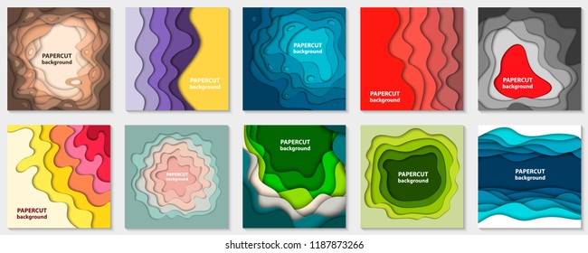 Vector collection of 10 backgrounds with colorful paper cut shapes. 3D abstract paper art style, design layout for business presentations, flyers, posters, prints, decoration, cards, brochure