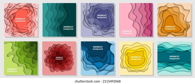 Colección vectorial de 10 fondos con formas de corte de papel coloridas. Estilo de arte de papel abstracto 3D, diseño de diseño para presentaciones de negocios, volantes, carteles, impresiones, decoración, tarjetas, folleto