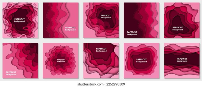 Colección vectorial de 10 fondos con formas de corte de papel color magenta. Estilo de arte de papel abstracto 3D, diseño de diseño para presentaciones de negocios, volantes, carteles, impresiones, decoración, tarjetas, folleto	
