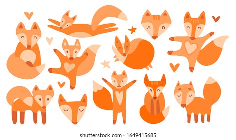 Vector collection of 11 illustrations with cute foxes. Red beautiful foxes on a white background isolated. The fox is sleeping, sitting, running, hugging, jumping, the face of a good beast