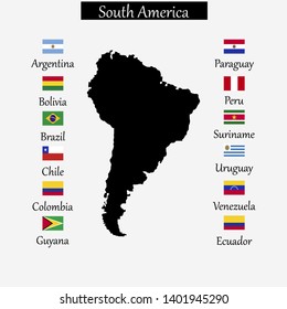 Vector collection of 12 national flags with detailed emblems of South America in correct proportion