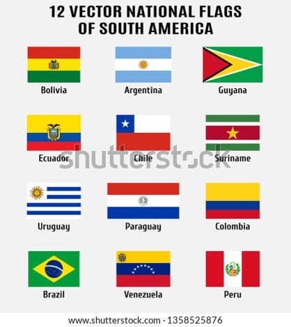 Vector collection of 12 national flags with detailed emblems of South America in correct proportion