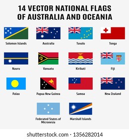 Vector collection of 14 national flags with detailed emblems of Australia and Oceania in correct proportion