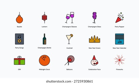 Vector collection of 15 colored outline icons themed around the New Year. Perfect for enhancing festive designs. Icons consist of Celebration Face, Fireworks, Champagne Glasses, Champagne Bottle, Party Songs, New Year Calendar, Midnight Clock, Party Popper, New Year Crown, Lantern, Balloons, Bauble, Cocktail, Gift