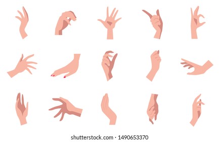 Vector collection of 15 different natural hand poses on white background made in cartoon flat style. Isolated illustration. Best for character design and animation. 