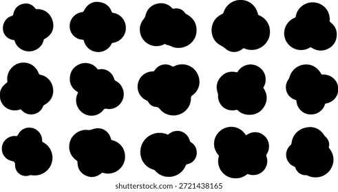 Vector collection of 15 irregular black blob shapes, perfect for modern graphic design elements, badges, stickers, text frames, or abstract backgrounds. These organic, fluid amoeba silhouettes offer a unique, dynamic, and minimalist look for digital projects. Isolated on white.