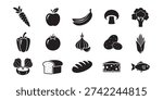 A vector collection of 15 solid black food icons featuring fresh vegetables, fruits, bakery items, dairy, and seafood in a simple silhouette style.