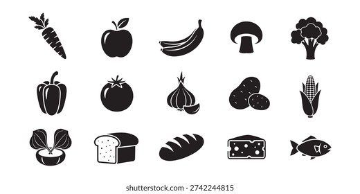 A vector collection of 15 solid black food icons featuring fresh vegetables, fruits, bakery items, dairy, and seafood in a simple silhouette style.