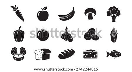 A vector collection of 15 solid black food icons featuring fresh vegetables, fruits, bakery items, dairy, and seafood in a simple silhouette style.