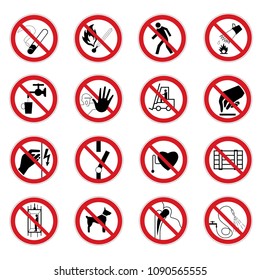 Vector collection of 16 prohibiting signs isolated on white background. Red sign on a white background with a crossed out line.