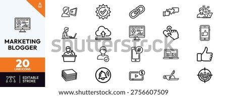 Vector collection of 20 line icons for marketing bloggers and digital influencers. Includes symbols for social media engagement, content creation, analytics, monetization, and target audience.