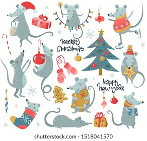 Vector collection of 2020 Chinese New Year simbol. Mouse, Rat horoscope sign. Hand drawn set of cute mice with Santa hat, fir, gifts, garland.