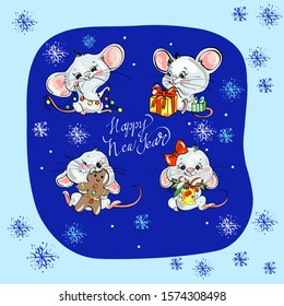 Vector collection of 2020 Chinese New Year simbol. Mouse, Rat horoscope sign. Hand drawn set of cute mice with gifts, garland. - Vector.