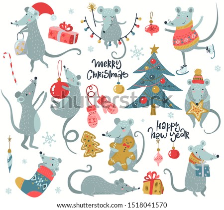 Vector collection of 2020 Chinese New Year simbol. Mouse, Rat horoscope sign. Hand drawn set of cute mice with Santa hat, fir, gifts, garland.